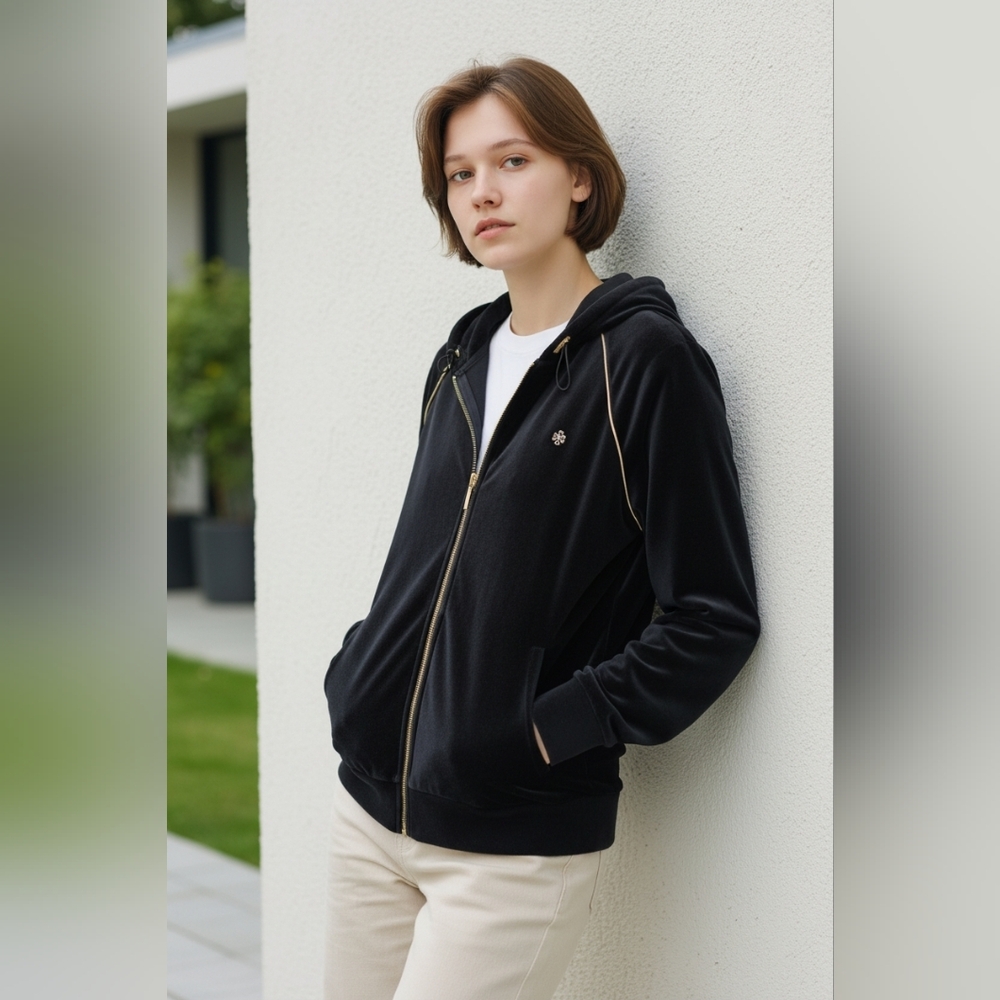 Ralph Lauren Black Velour Women's Jacket with Gold Accents Hoodie Fall Winter